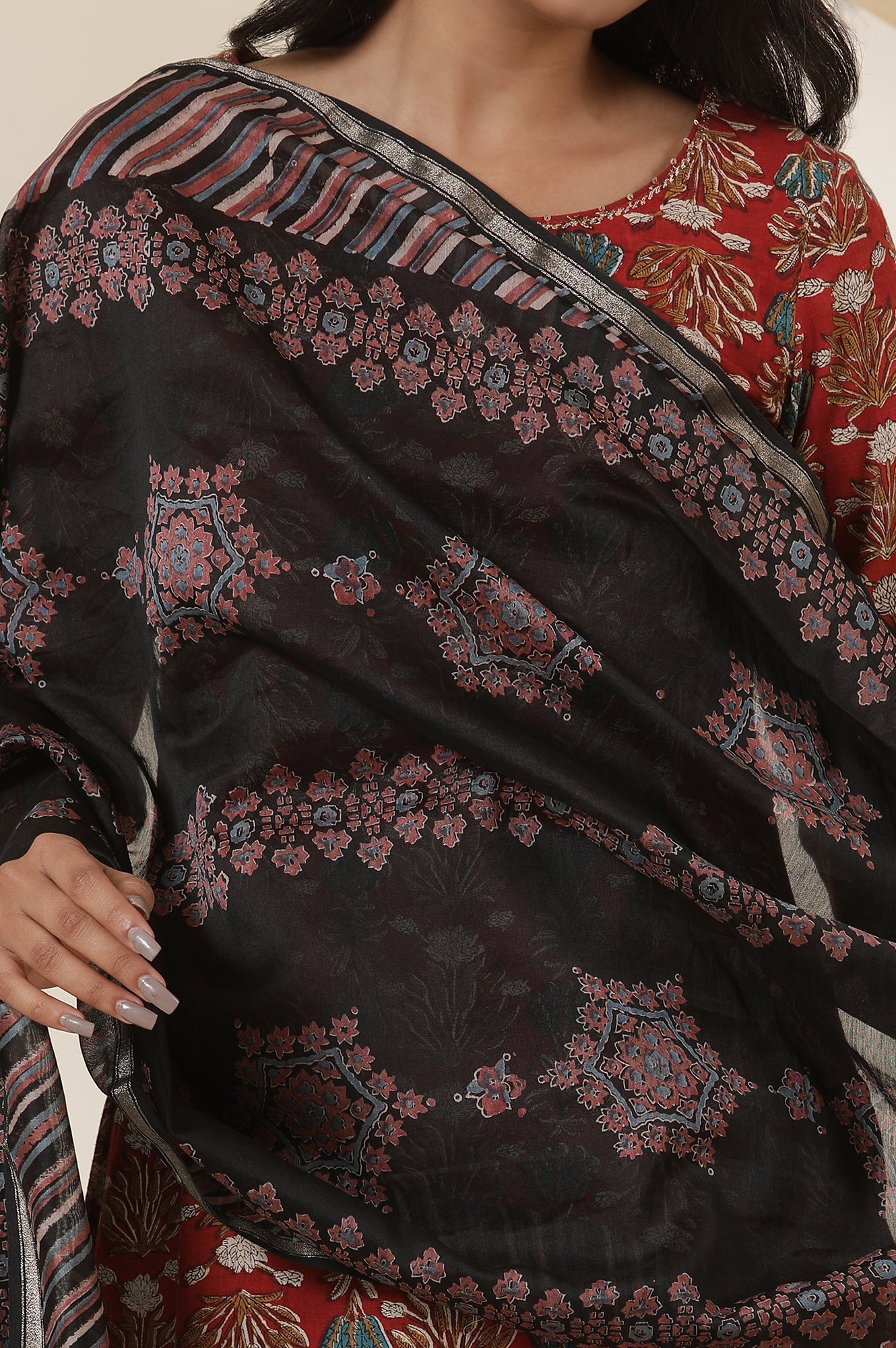 Black Espresso Block Printed Chanderi Drape