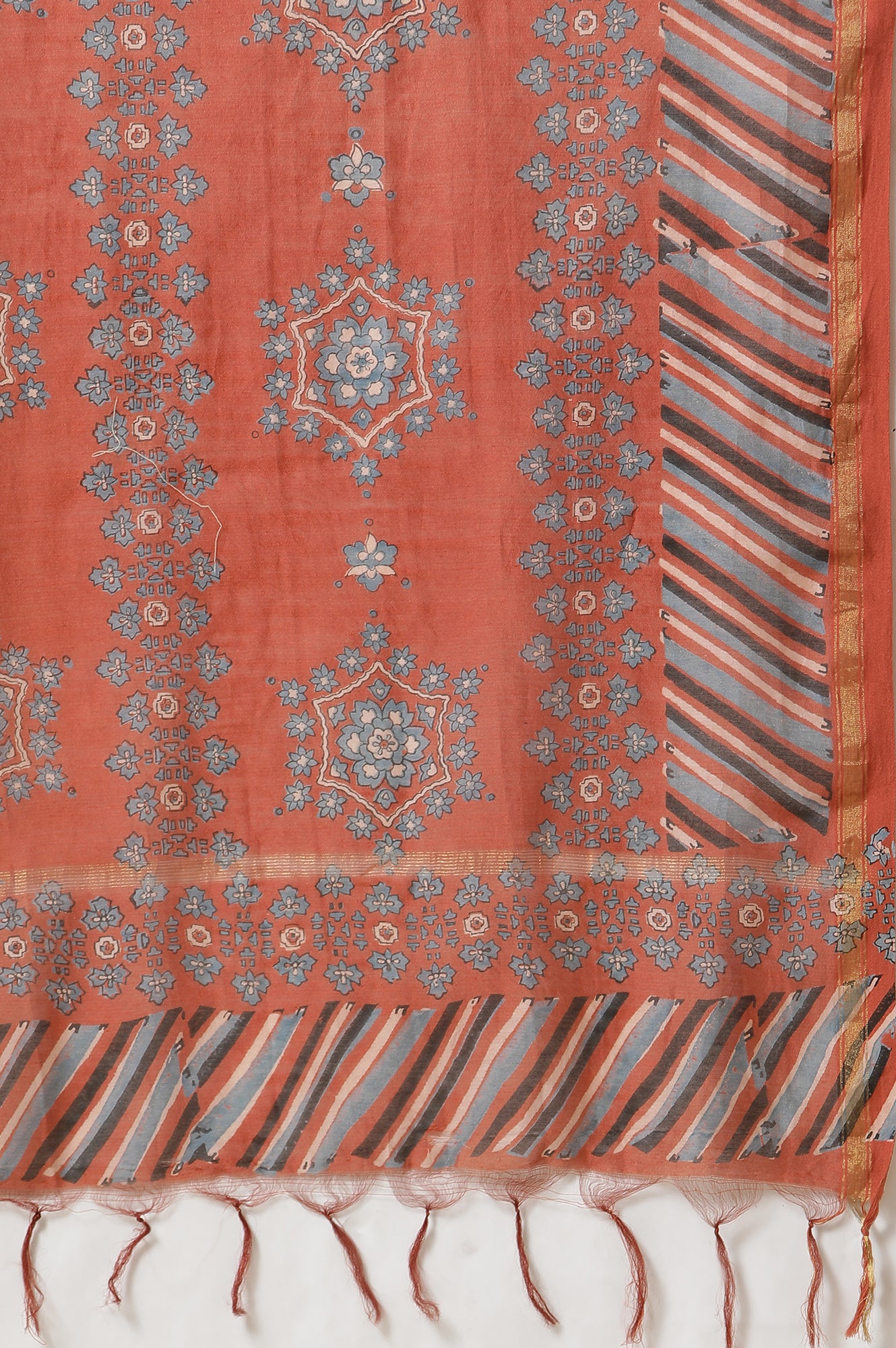 Rust Block Printed Drape In Chanderi