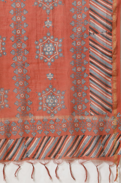 Rust Block Printed Drape In Chanderi