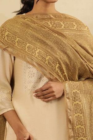 Khakhi Brown Block Printed Chanderi Drape - wforwoman