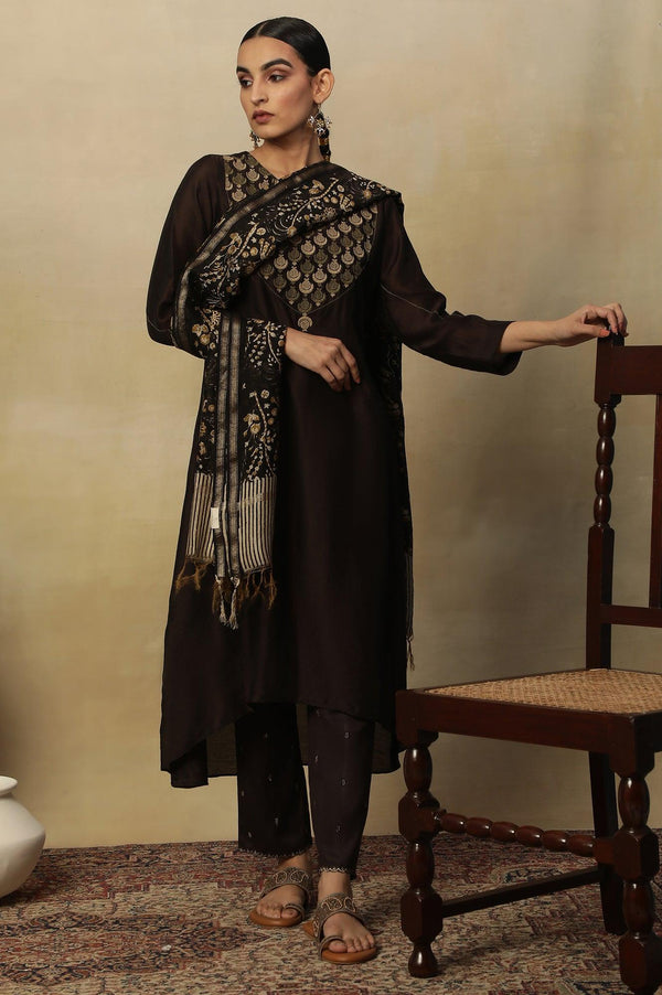 Coffee Bean Block Printed Chanderi Drape