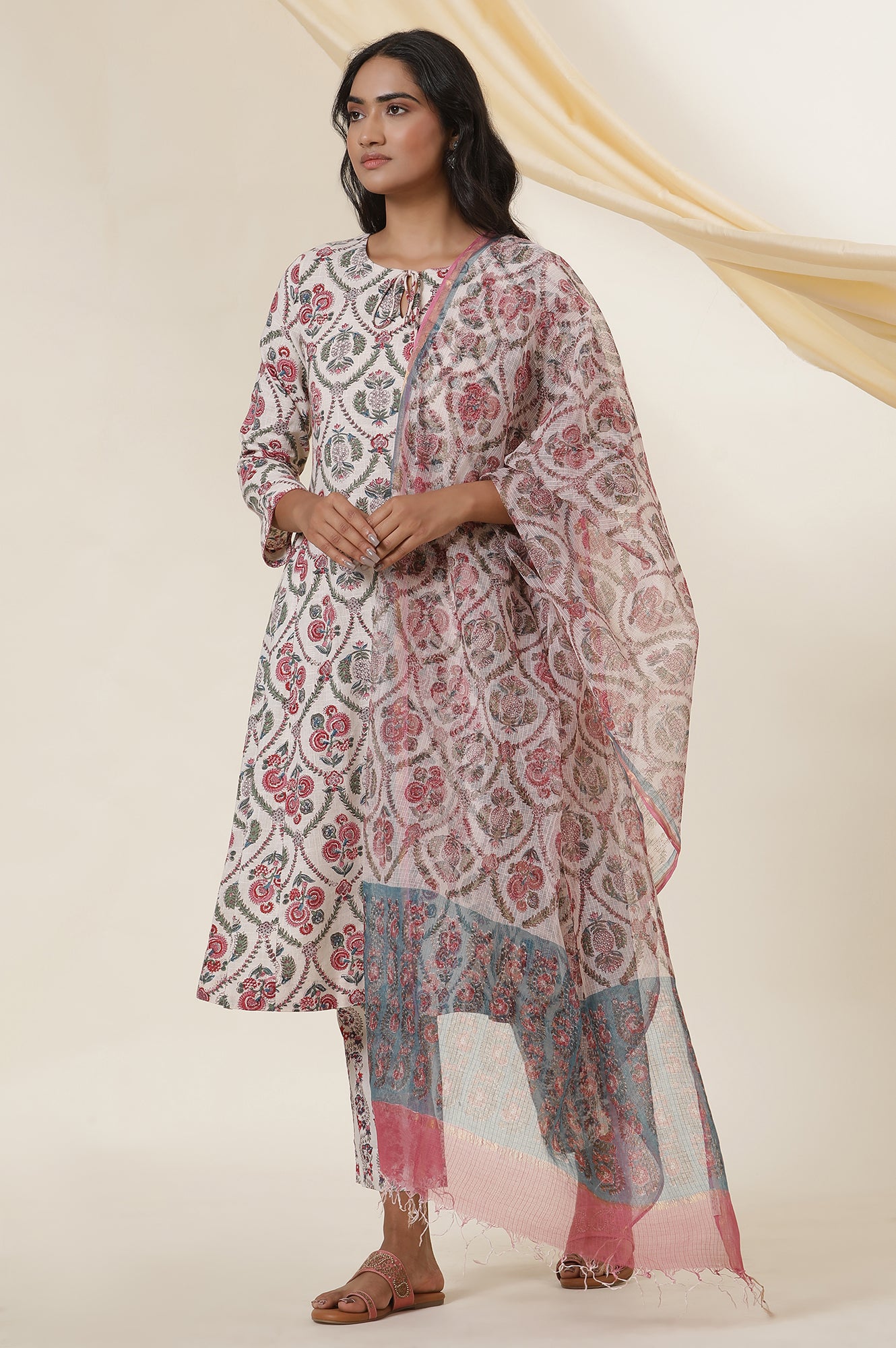 Ecru Block Printed Kota Doria Drape