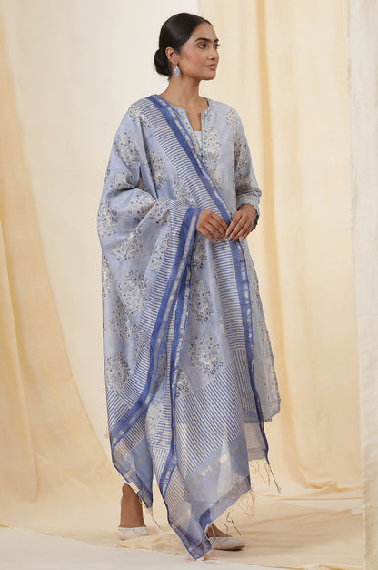 Snow Blue Block Printed Chanderi Drape