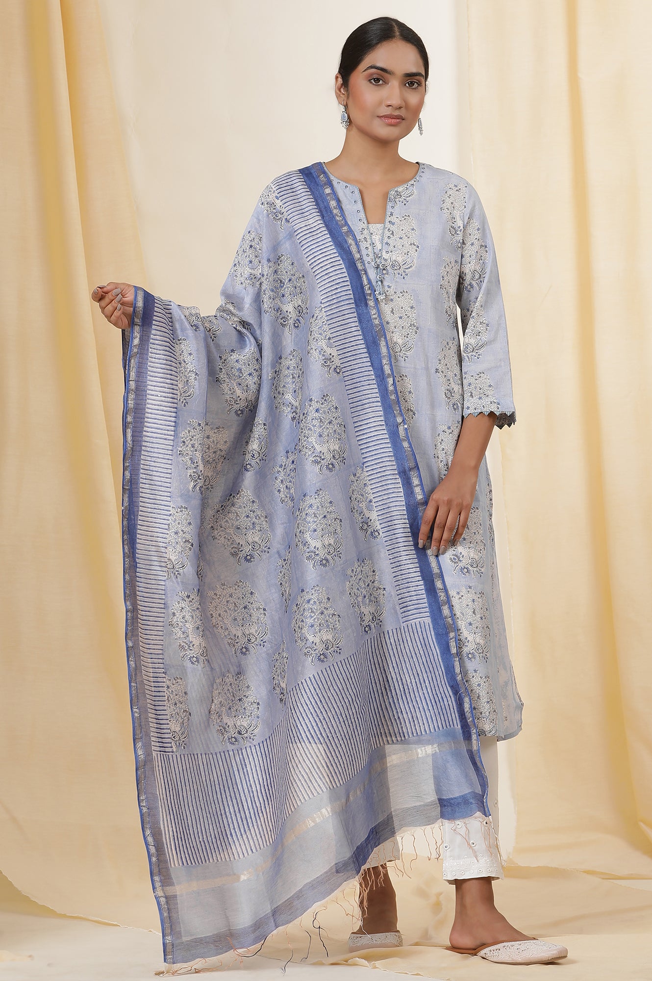 Snow Blue Block Printed Chanderi Drape