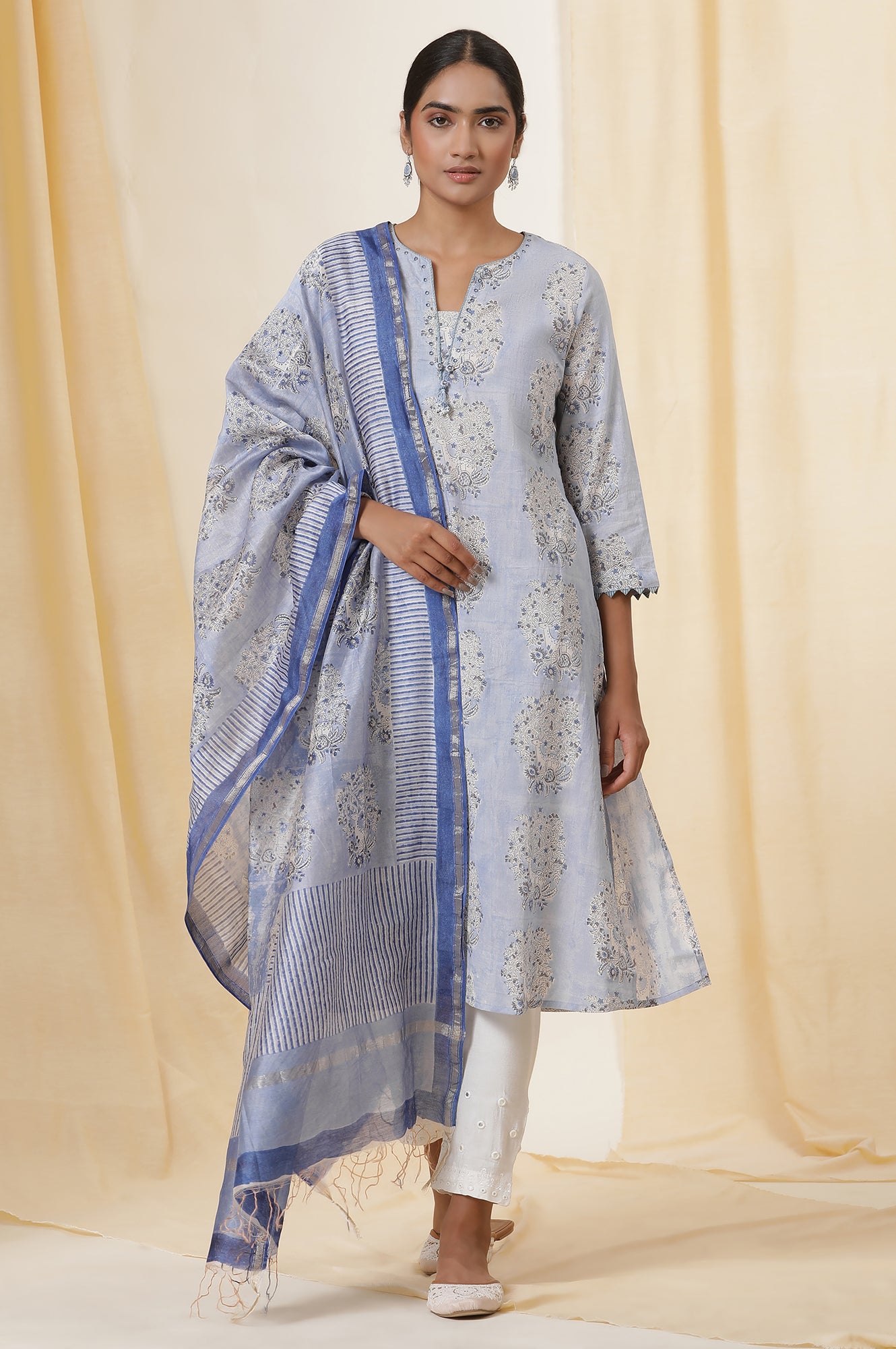 Snow Blue Block Printed Chanderi Drape