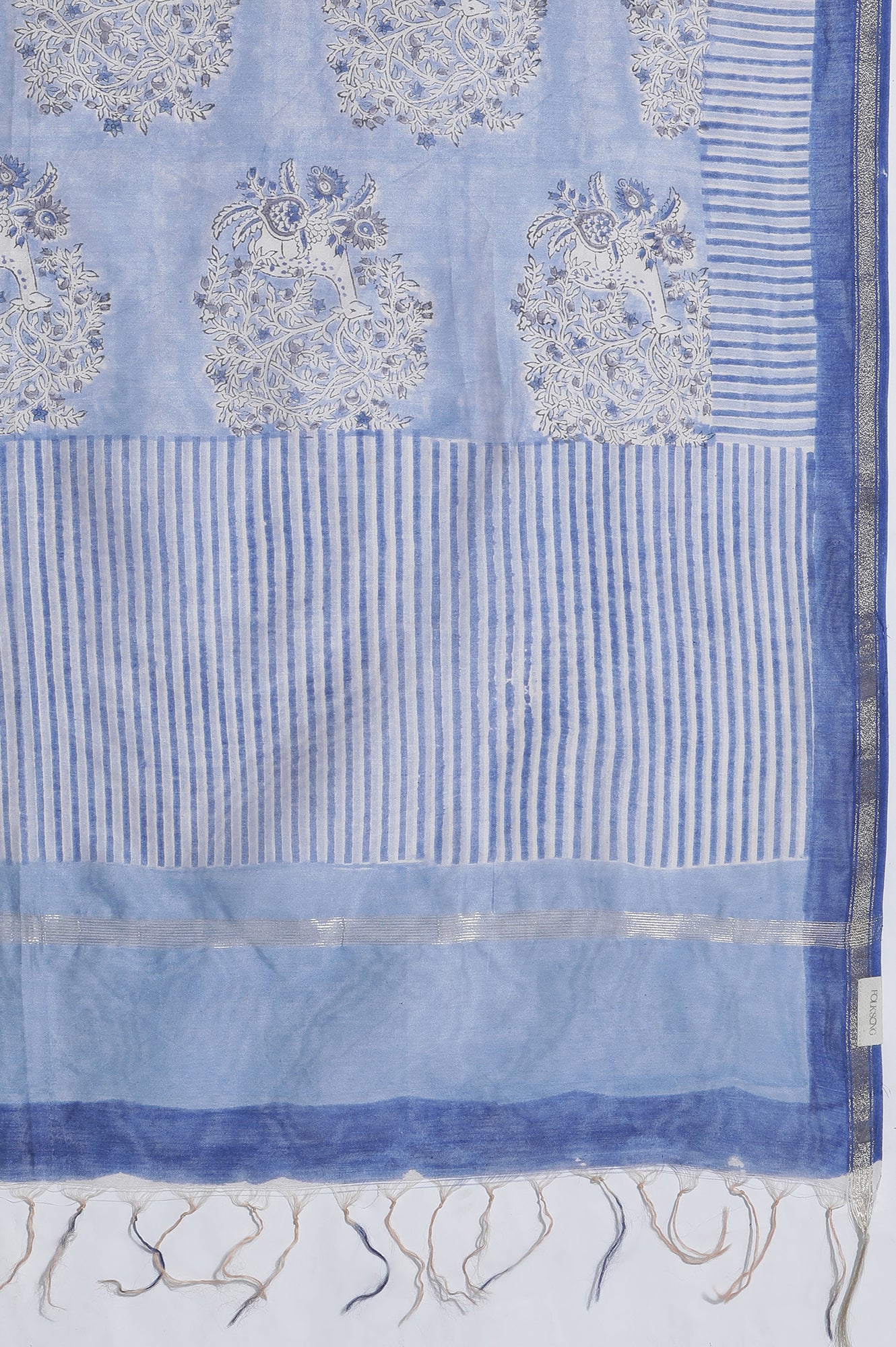 Snow Blue Block Printed Chanderi Drape