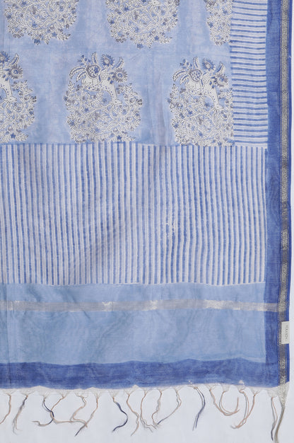 Snow Blue Block Printed Chanderi Drape