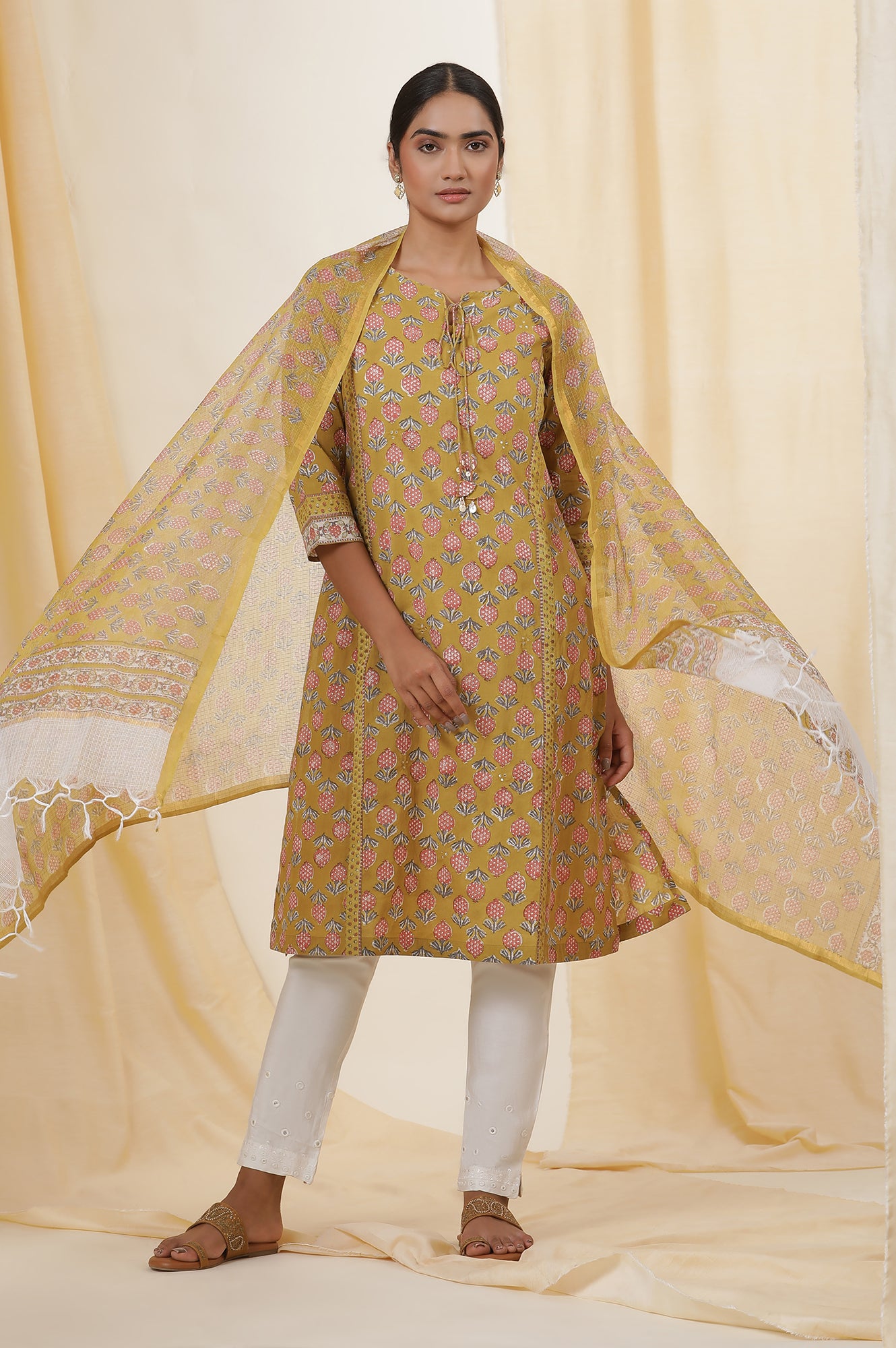 Yellow Buti Block Print Kota Doria Drape