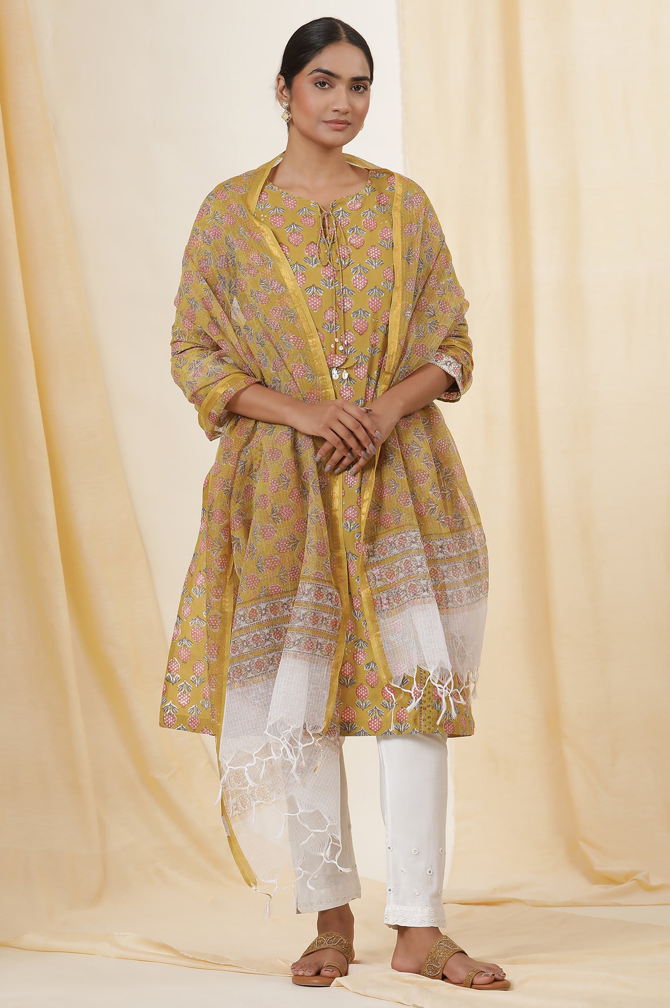 Yellow Buti Block Print Kota Doria Drape