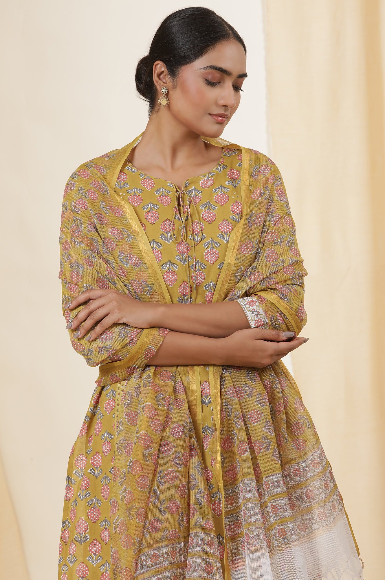 Yellow Buti Block Print Kota Doria Drape