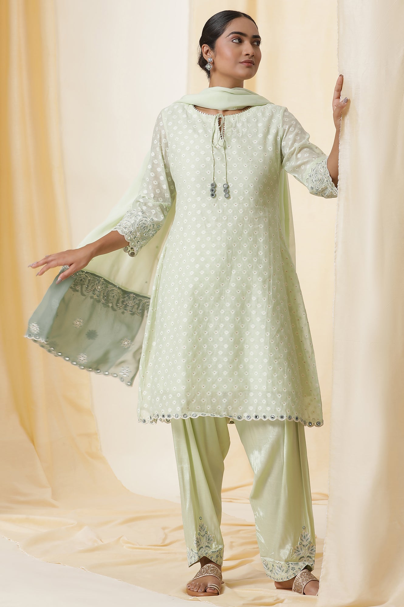 Light Green Embroidered Jacquard A-Line Kurta, Salwar And Dupatta Set