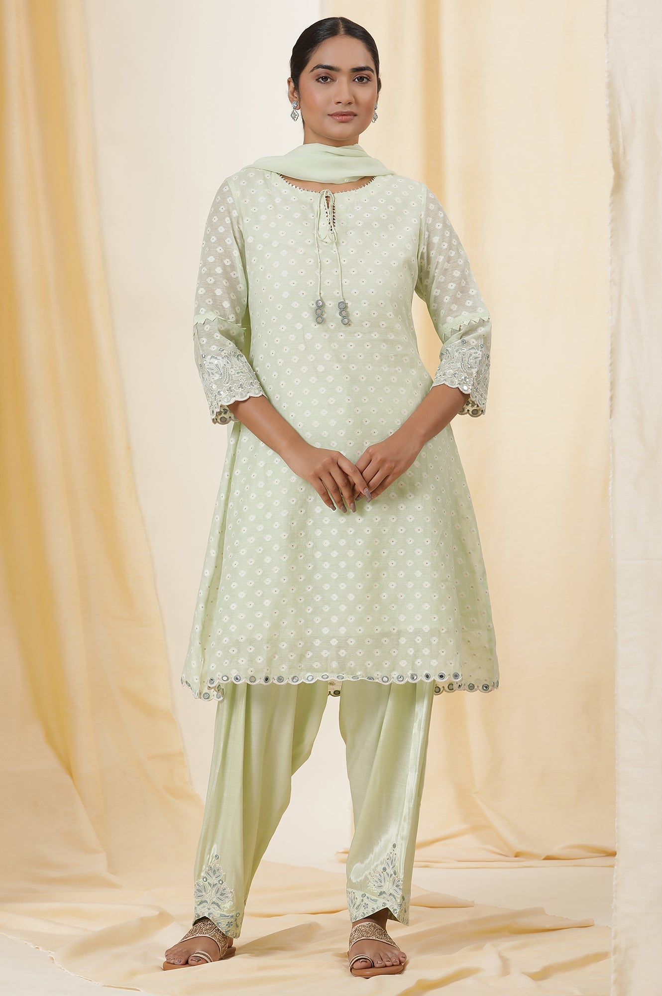 Light Green Embroidered Jacquard A-Line Kurta, Salwar And Dupatta Set