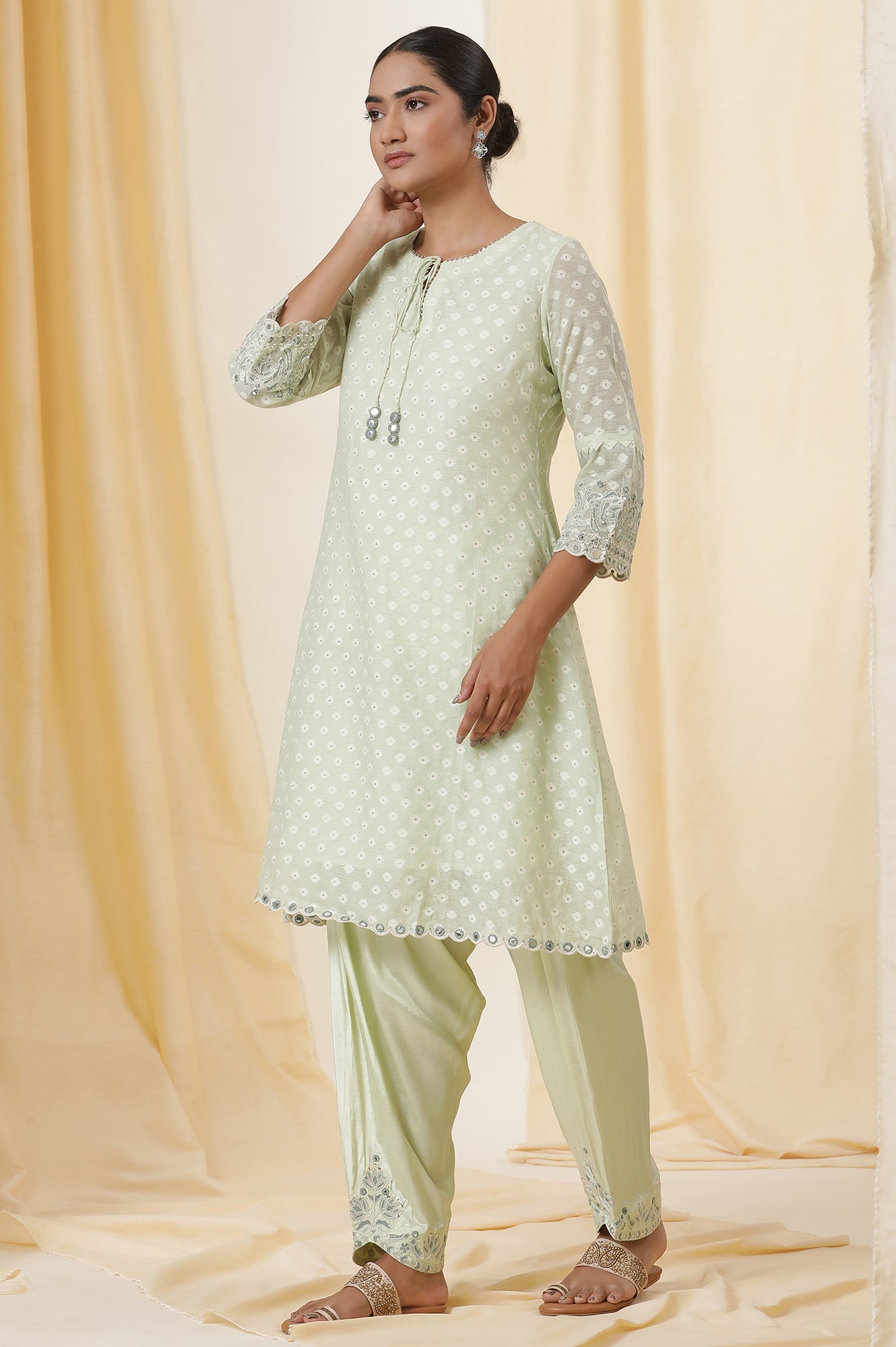 Light Green Embroidered Jacquard A-Line Kurta, Salwar And Dupatta Set