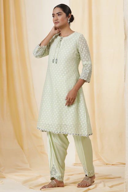 Light Green Embroidered Jacquard A-Line Kurta, Salwar And Dupatta Set