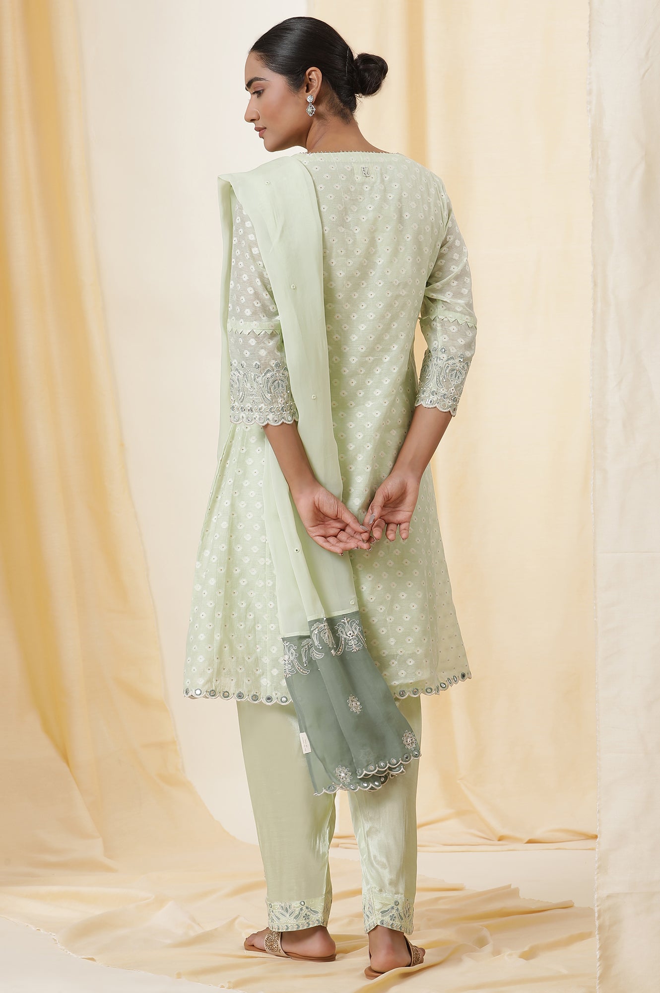 Light Green Embroidered Jacquard A-Line Kurta, Salwar And Dupatta Set