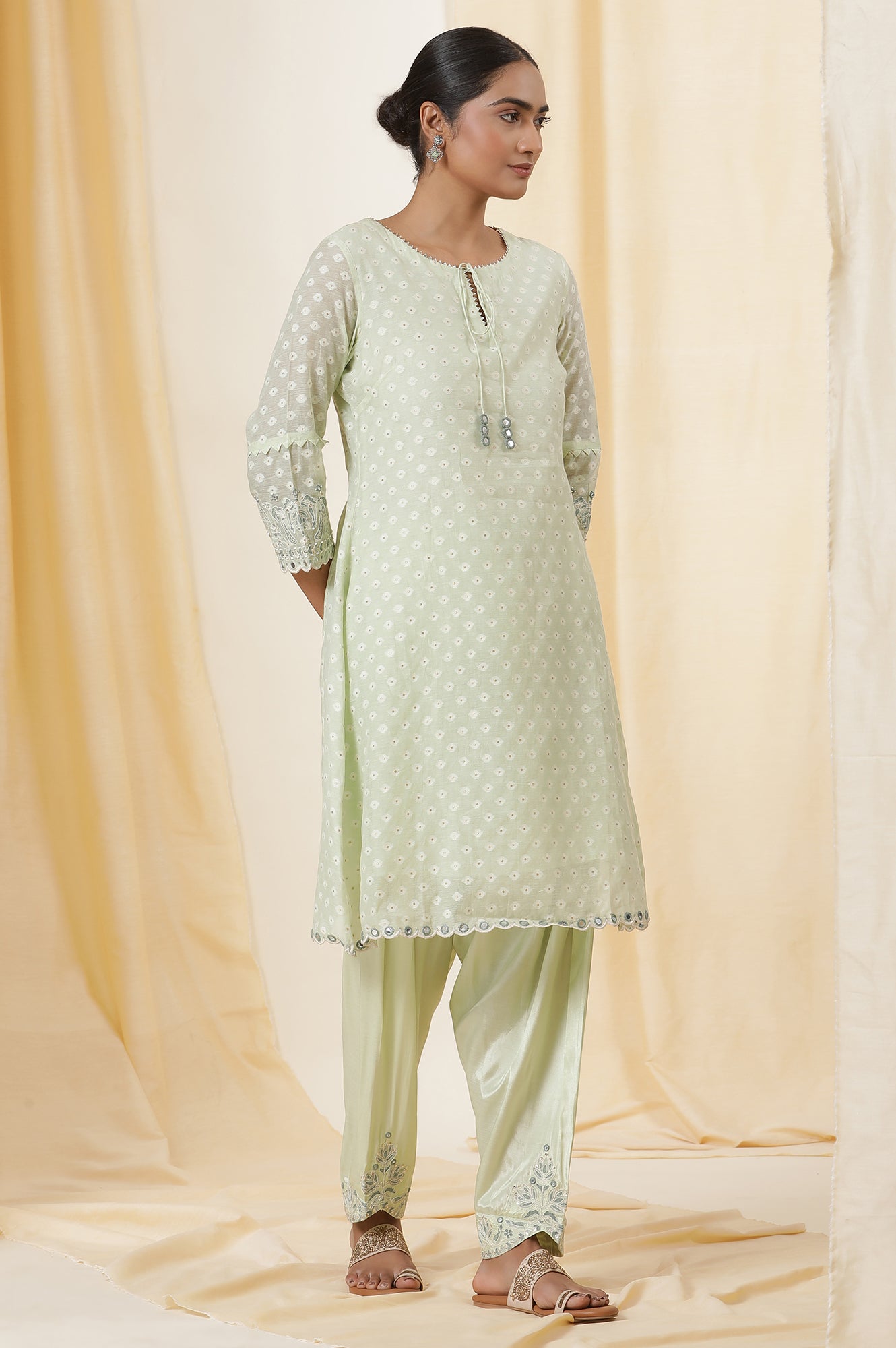 Light Green Embroidered Jacquard A-Line Kurta, Salwar And Dupatta Set