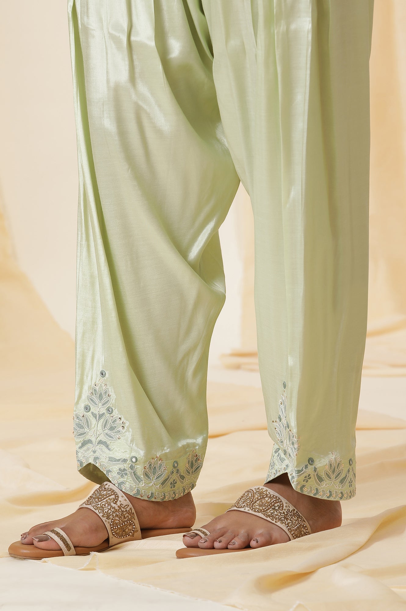 Light Green Embroidered Jacquard A-Line Kurta, Salwar And Dupatta Set