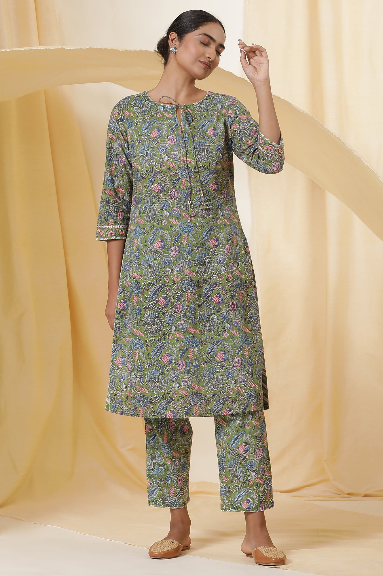 Palm Green Hand Block Print Kurta Set In Cotton Voile With Stripes Pants