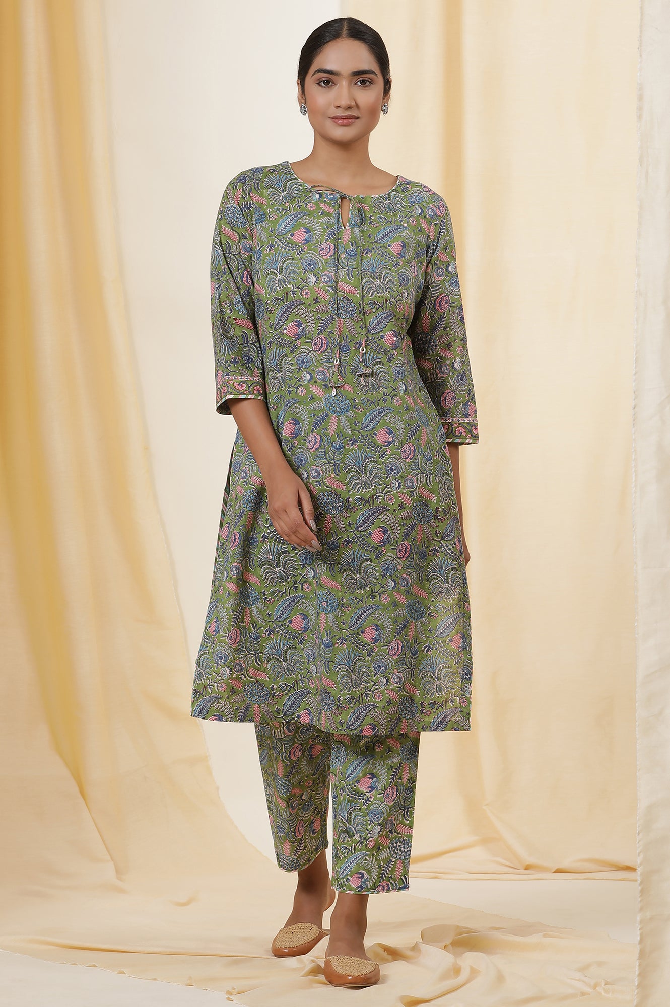 Palm Green Hand Block Print Kurta Set In Cotton Voile With Stripes Pants