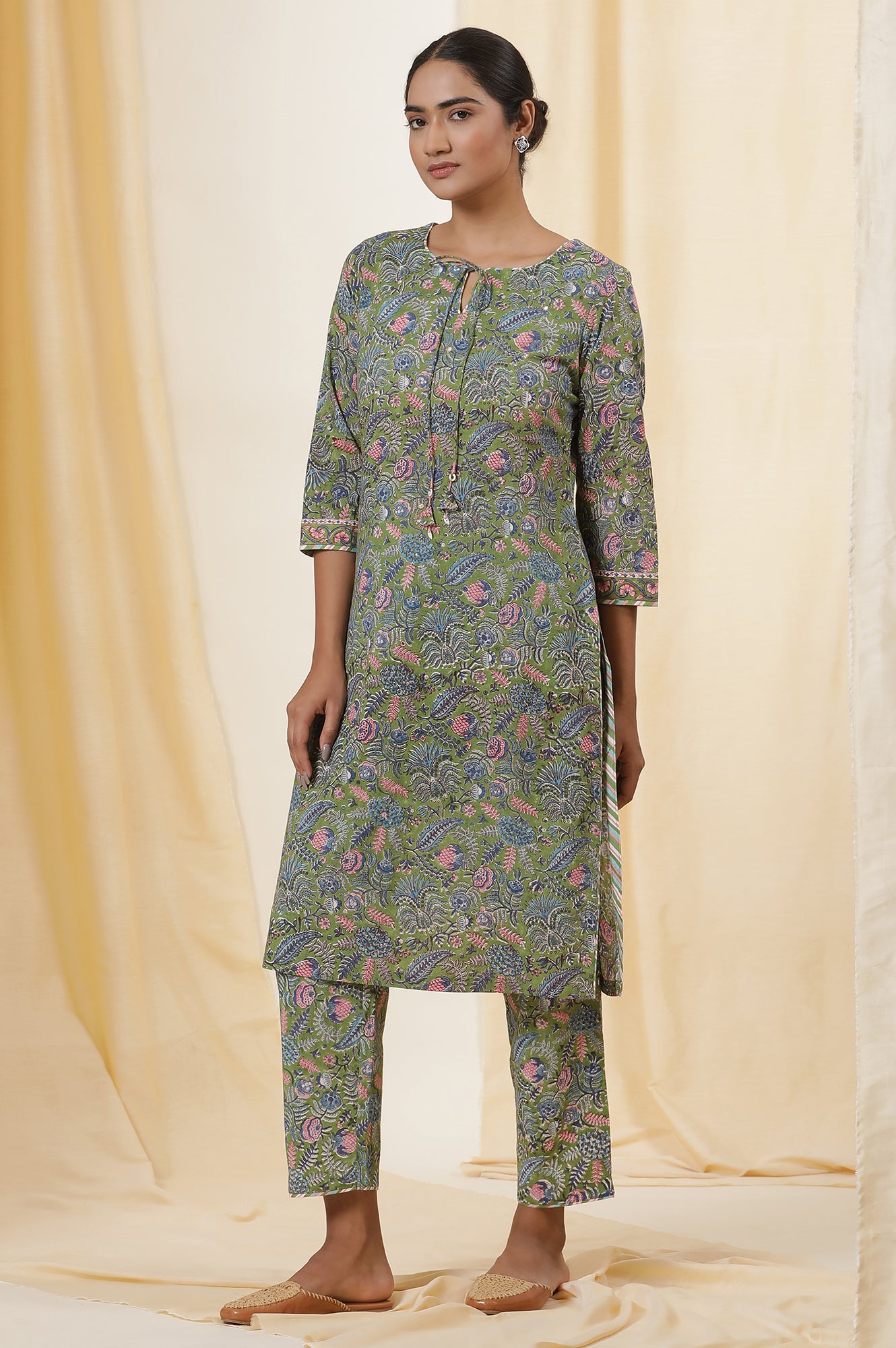 Palm Green Hand Block Print Kurta Set In Cotton Voile With Stripes Pants