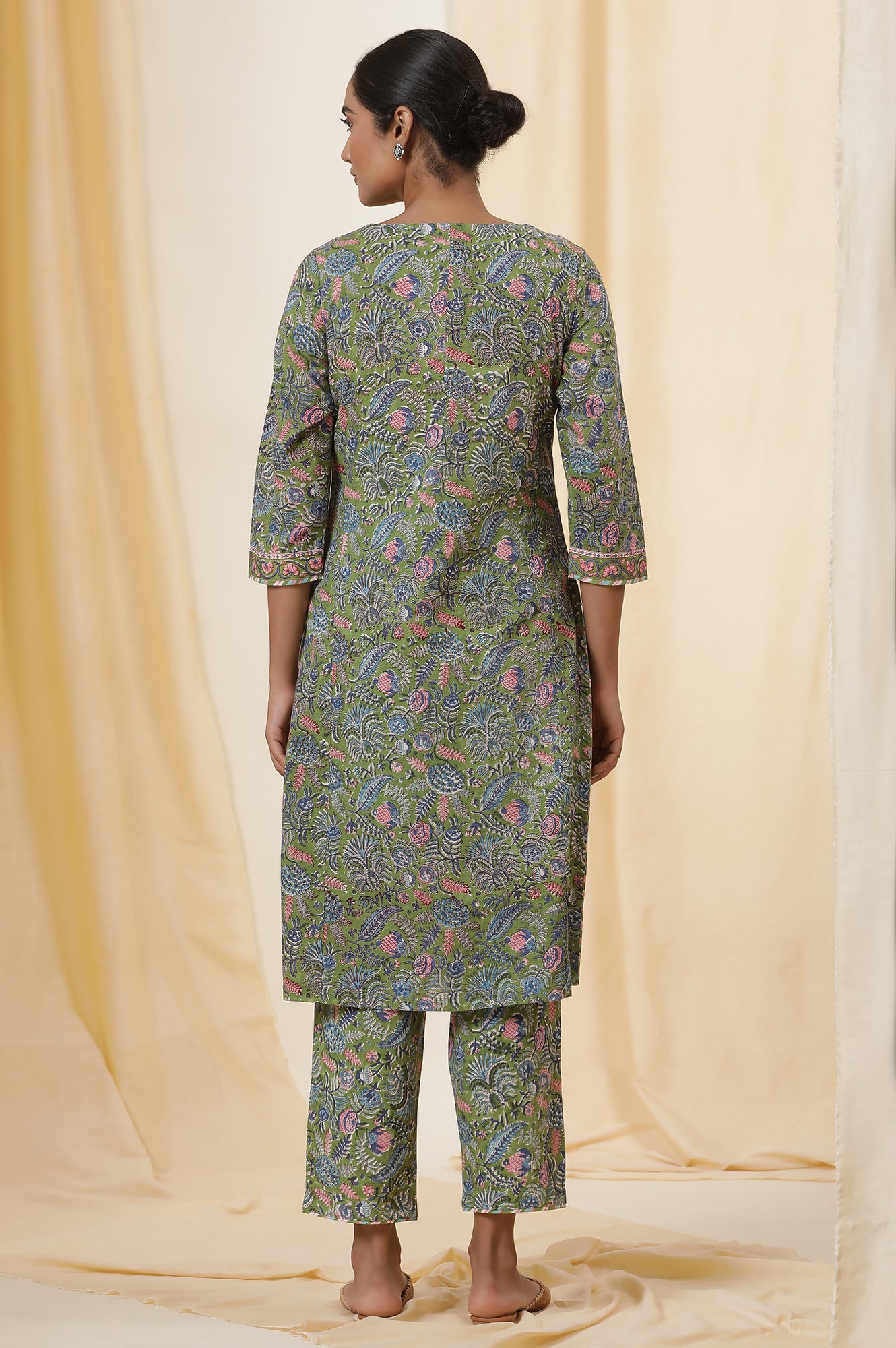 Palm Green Hand Block Print Kurta Set In Cotton Voile With Stripes Pants