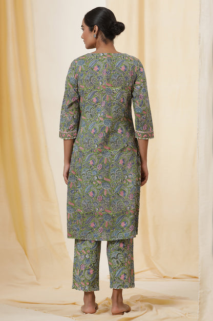 Palm Green Hand Block Print Kurta Set In Cotton Voile With Stripes Pants