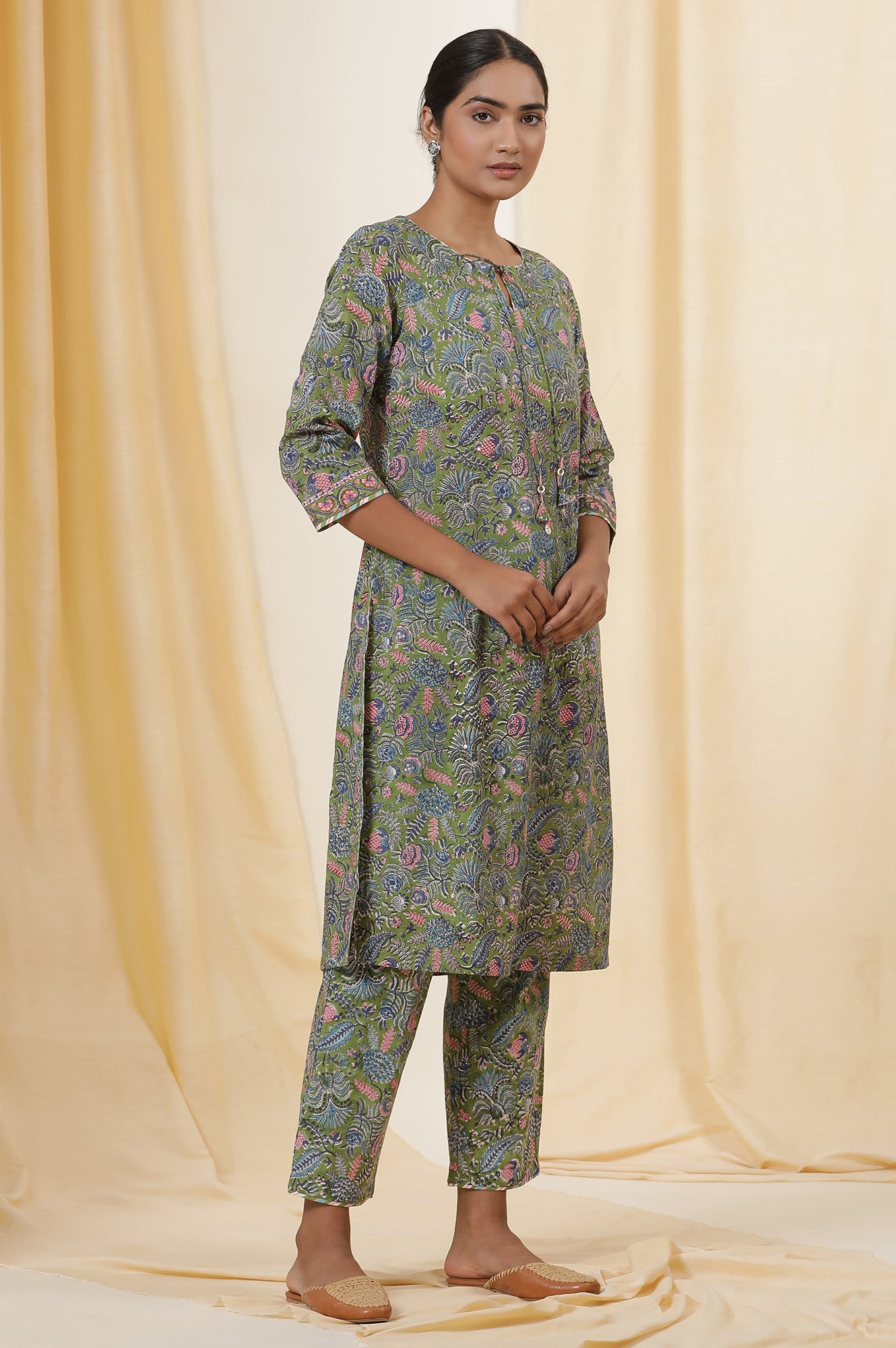 Palm Green Hand Block Print Kurta Set In Cotton Voile With Stripes Pants