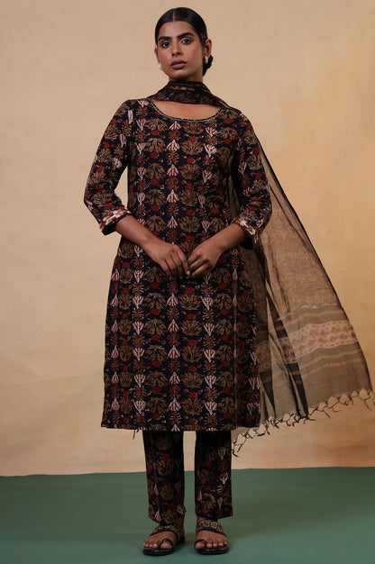 Folksong Iron Black Cotton Straight-Fit Floral Hand Block Printed Kurta, Pyjama and Dupatta Set