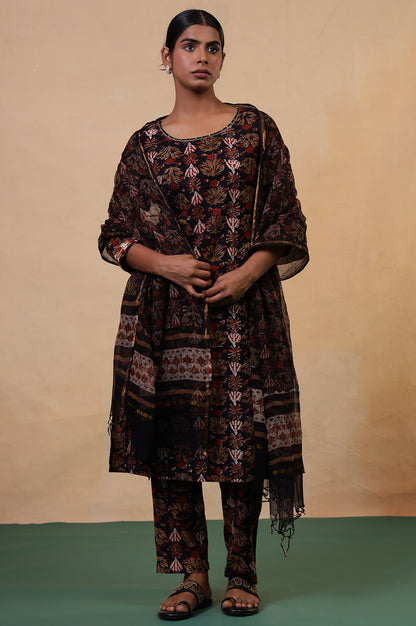 Folksong Iron Black Cotton Straight-Fit Floral Hand Block Printed Kurta, Pyjama and Dupatta Set