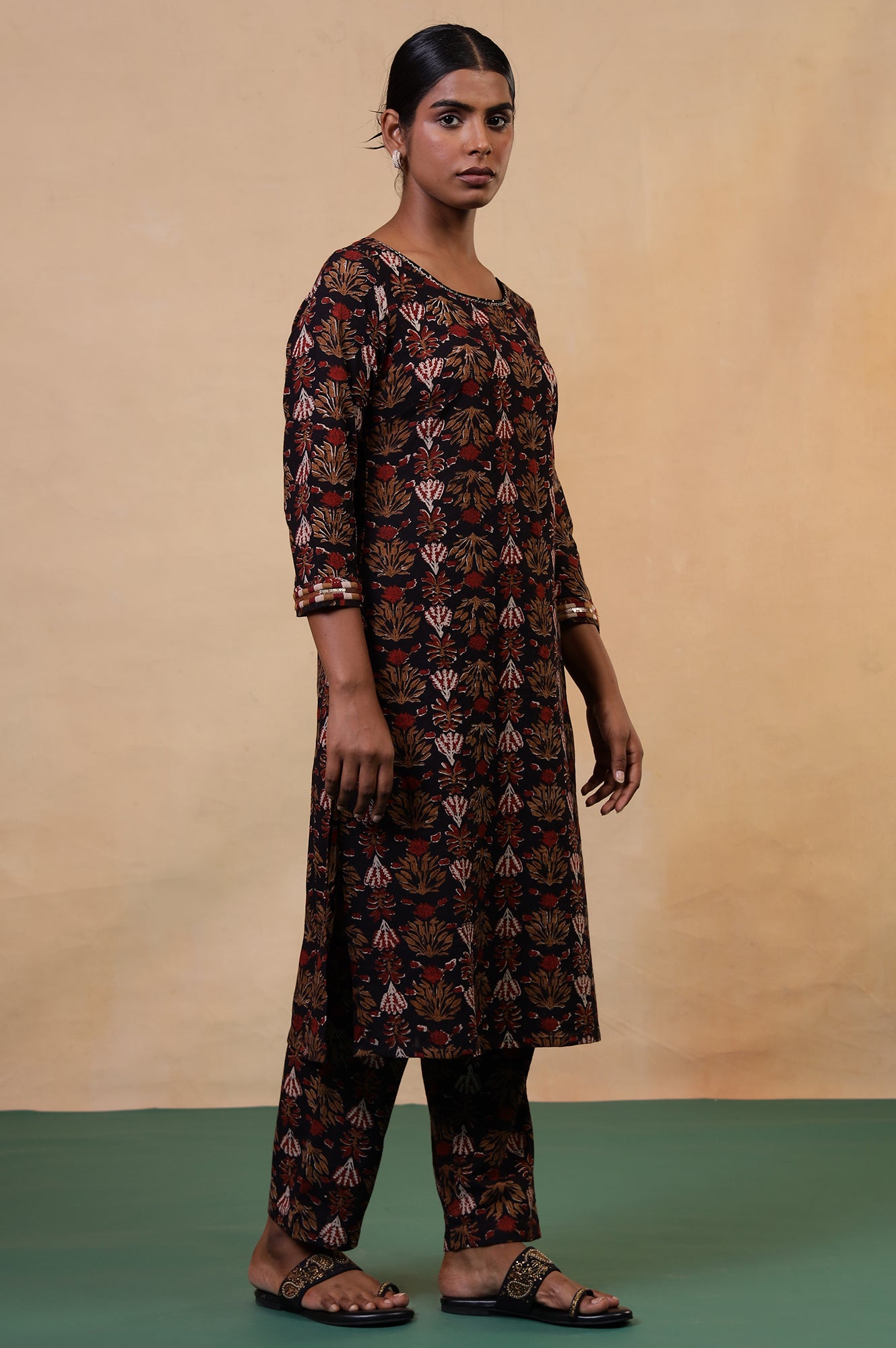 Folksong Iron Black Cotton Straight-Fit Floral Hand Block Printed Kurta, Pyjama and Dupatta Set