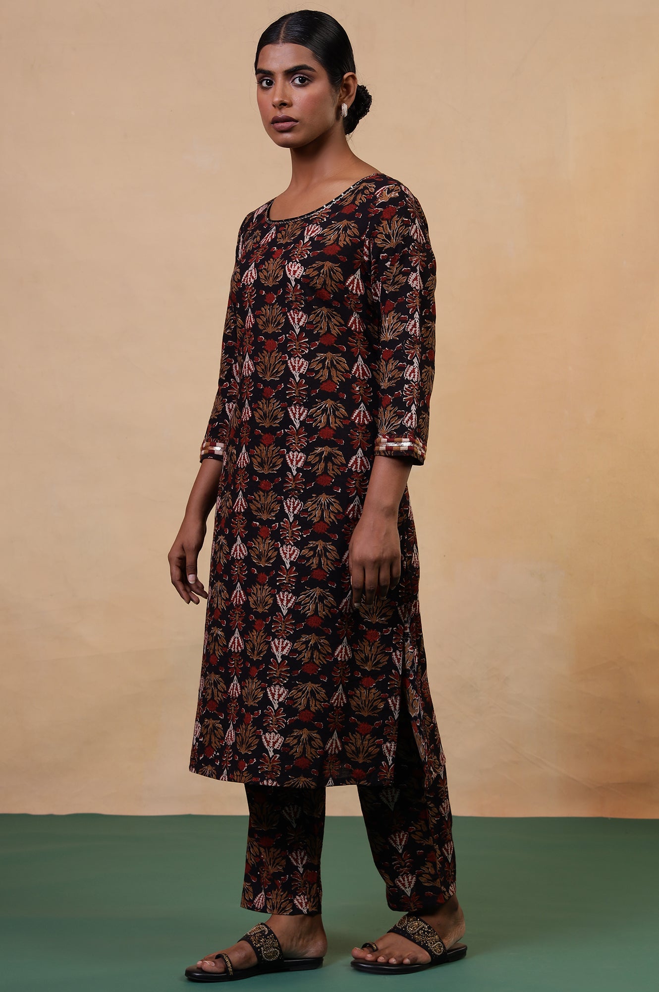 Folksong Iron Black Cotton Straight-Fit Floral Hand Block Printed Kurta, Pyjama and Dupatta Set