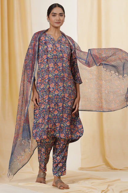 Blue Floral Multi-Colored Hand Block Print Kurta, Pants And Dupatta Set