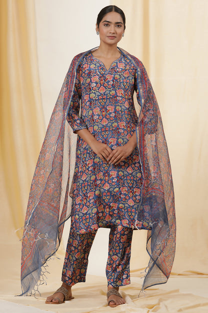 Blue Floral Multi-Colored Hand Block Print Kurta, Pants And Dupatta Set