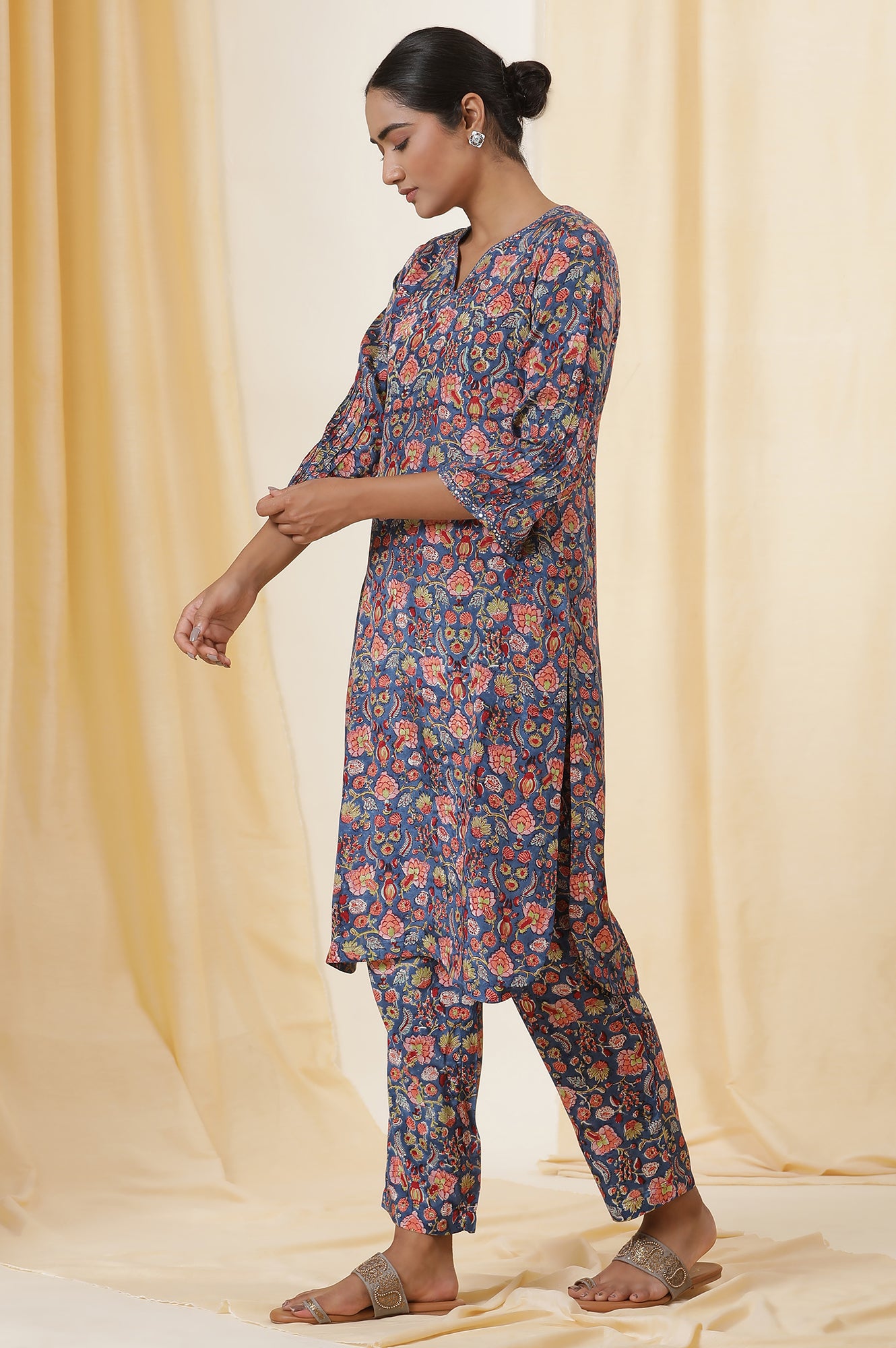 Blue Floral Multi-Colored Hand Block Print Kurta, Pants And Dupatta Set