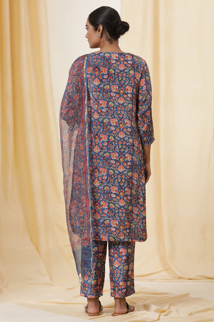 Blue Floral Multi-Colored Hand Block Print Kurta, Pants And Dupatta Set