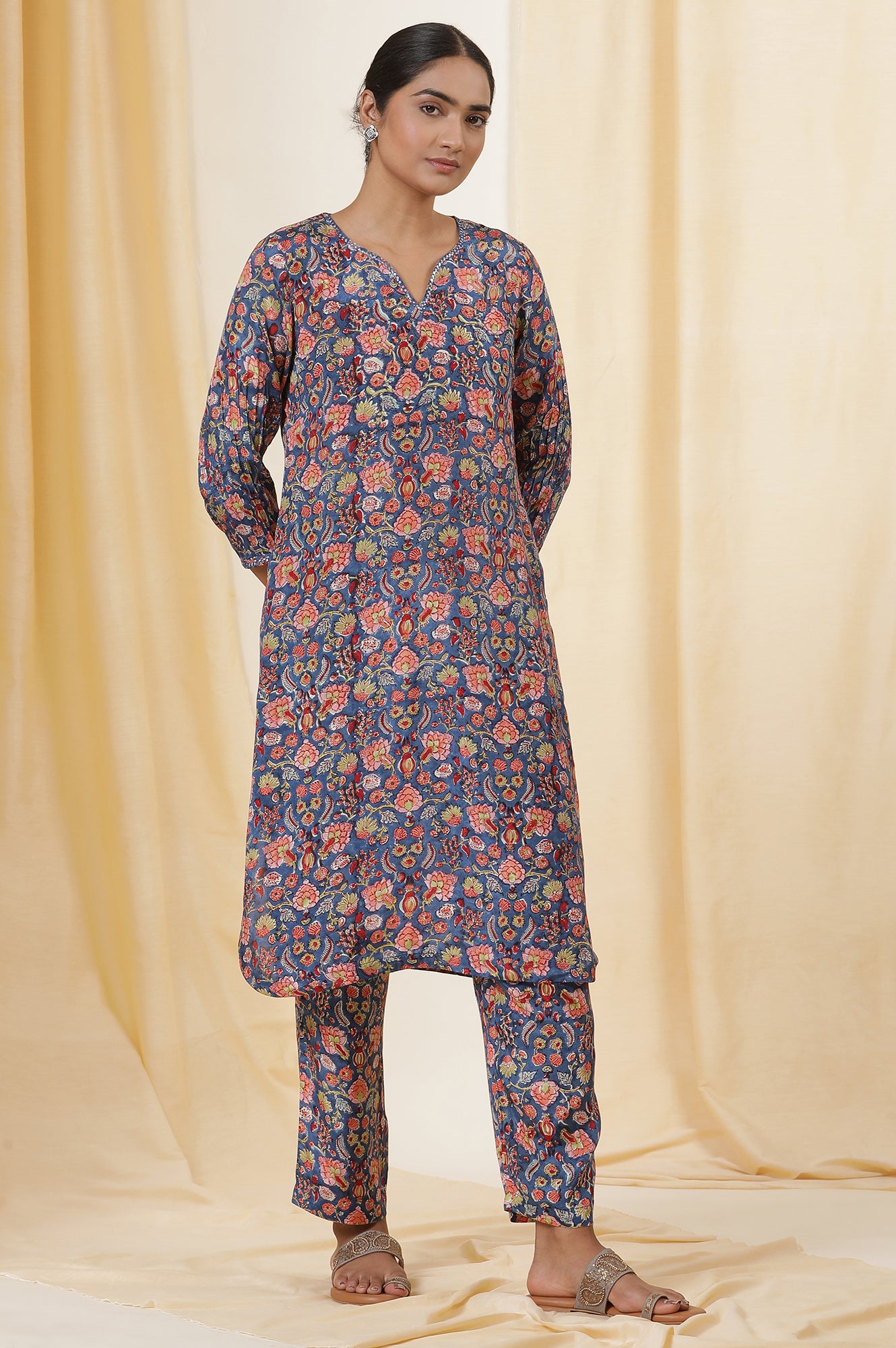 Blue Floral Multi-Colored Hand Block Print Kurta, Pants And Dupatta Set