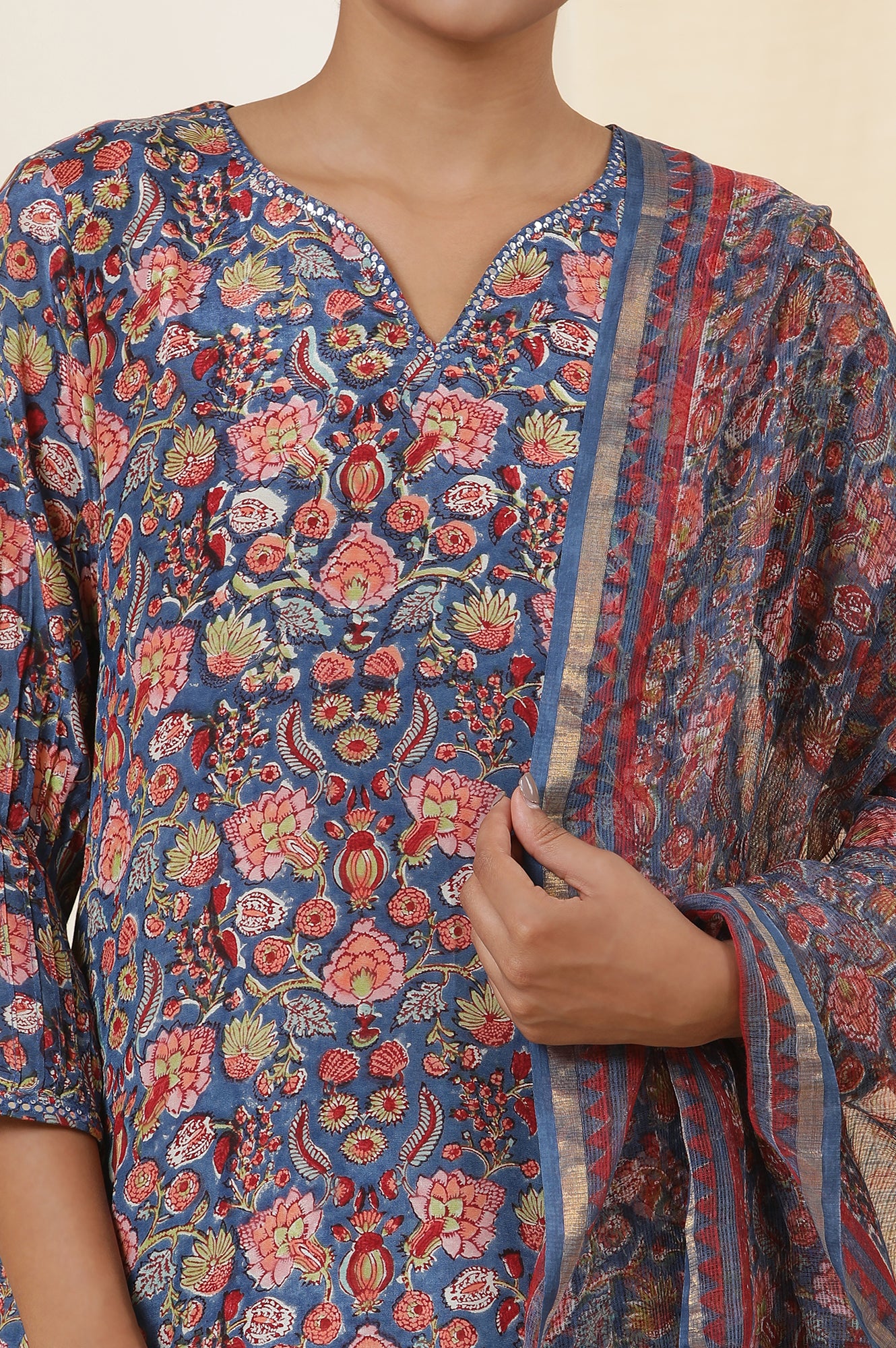 Blue Floral Multi-Colored Hand Block Print Kurta, Pants And Dupatta Set