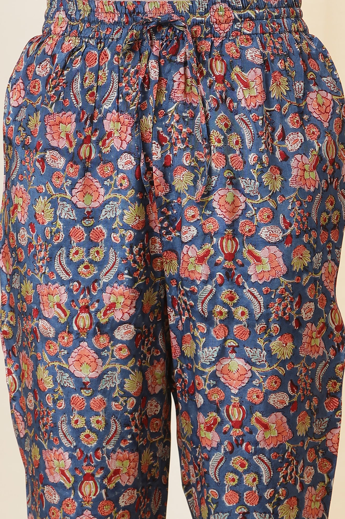 Blue Floral Multi-Colored Hand Block Print Kurta, Pants And Dupatta Set