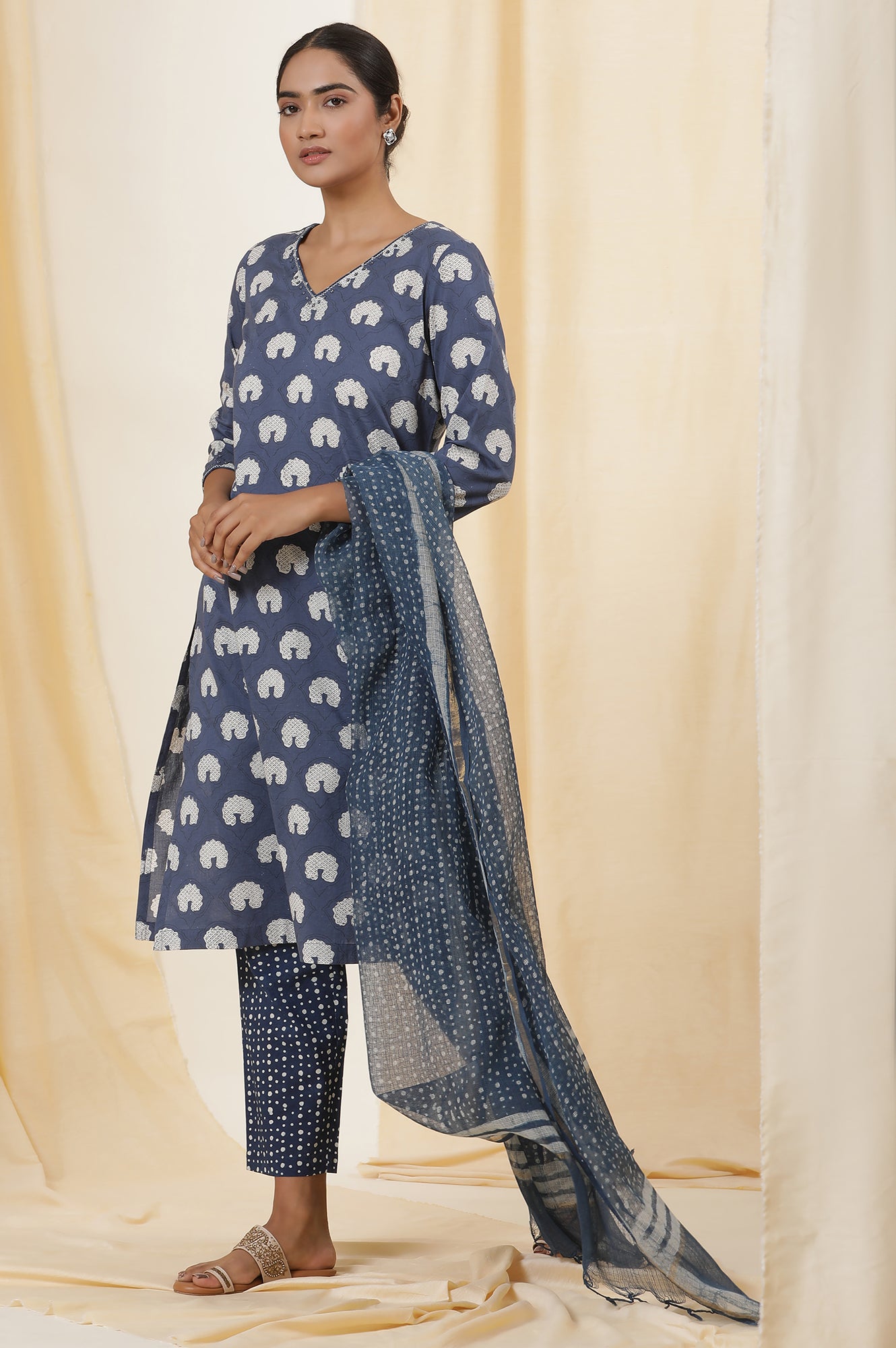 Blue Dabu Block Print Cotton Voile Straight Kurta, Pants And Dupatta Set