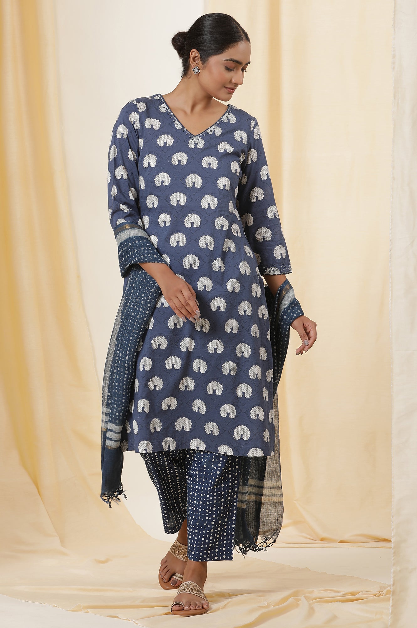 Blue Dabu Block Print Cotton Voile Straight Kurta, Pants And Dupatta Set