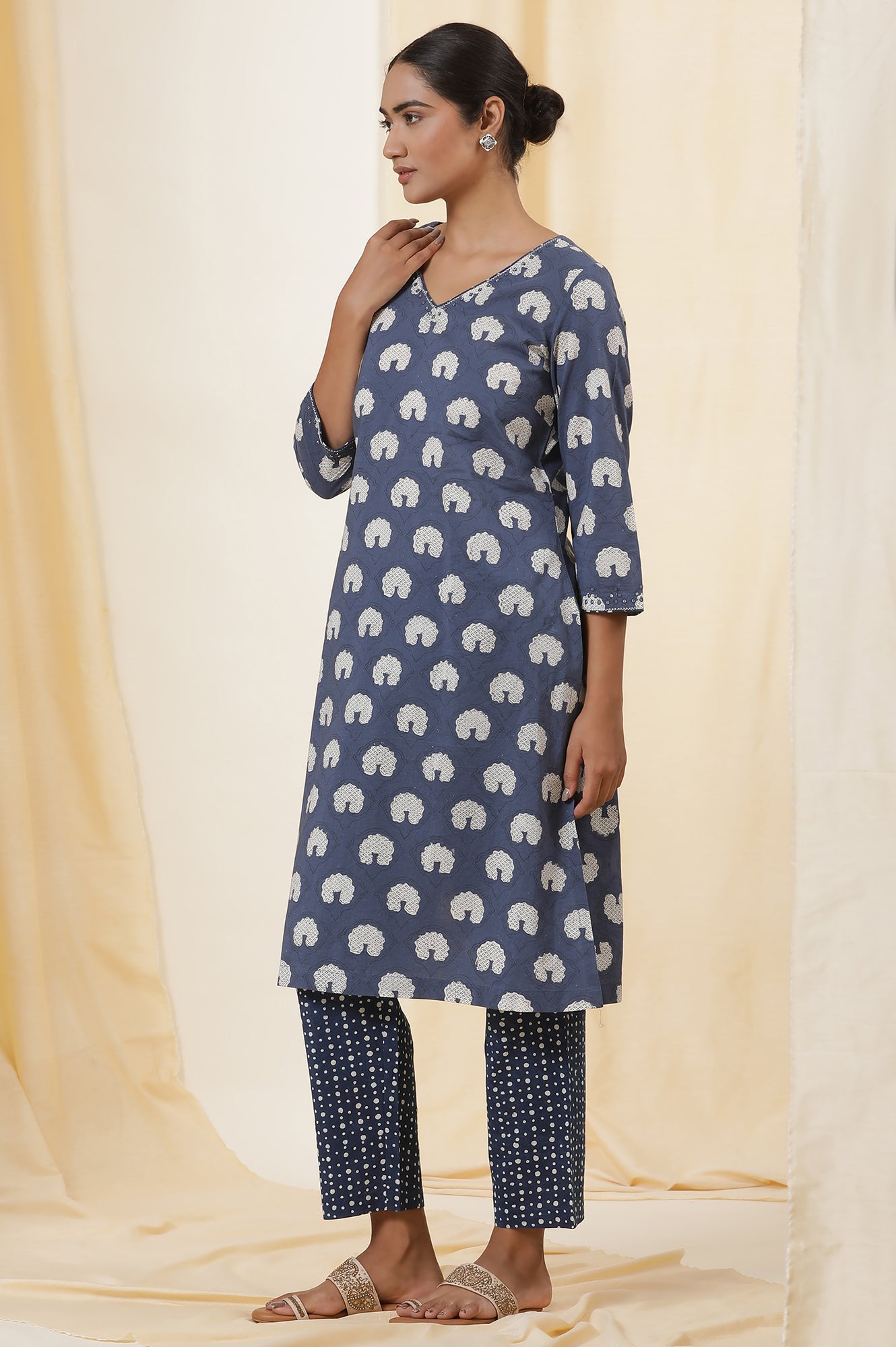 Blue Dabu Block Print Cotton Voile Straight Kurta, Pants And Dupatta Set