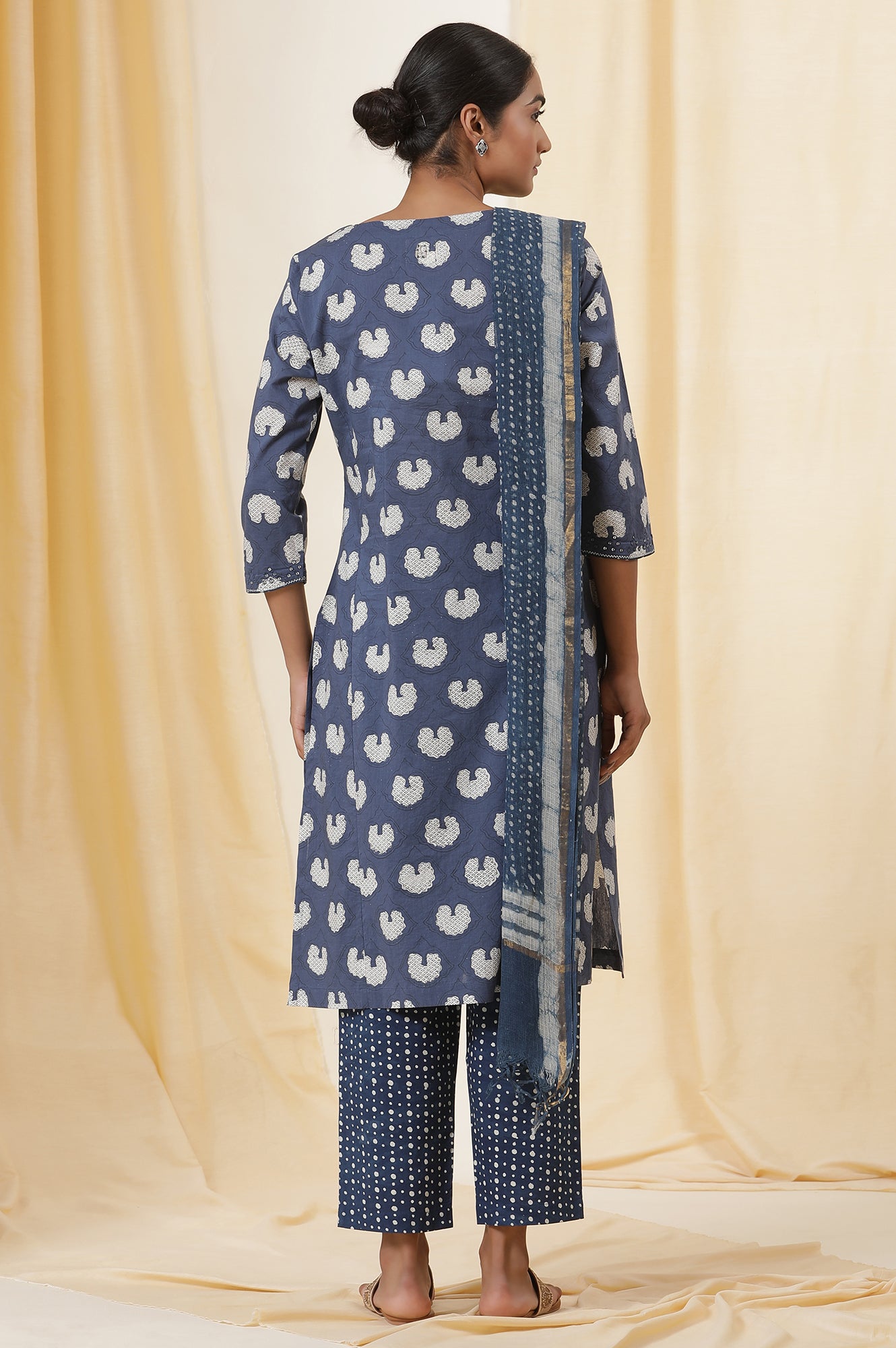 Blue Dabu Block Print Cotton Voile Straight Kurta, Pants And Dupatta Set