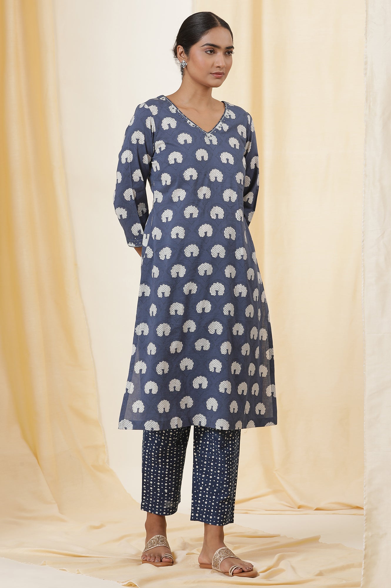 Blue Dabu Block Print Cotton Voile Straight Kurta, Pants And Dupatta Set