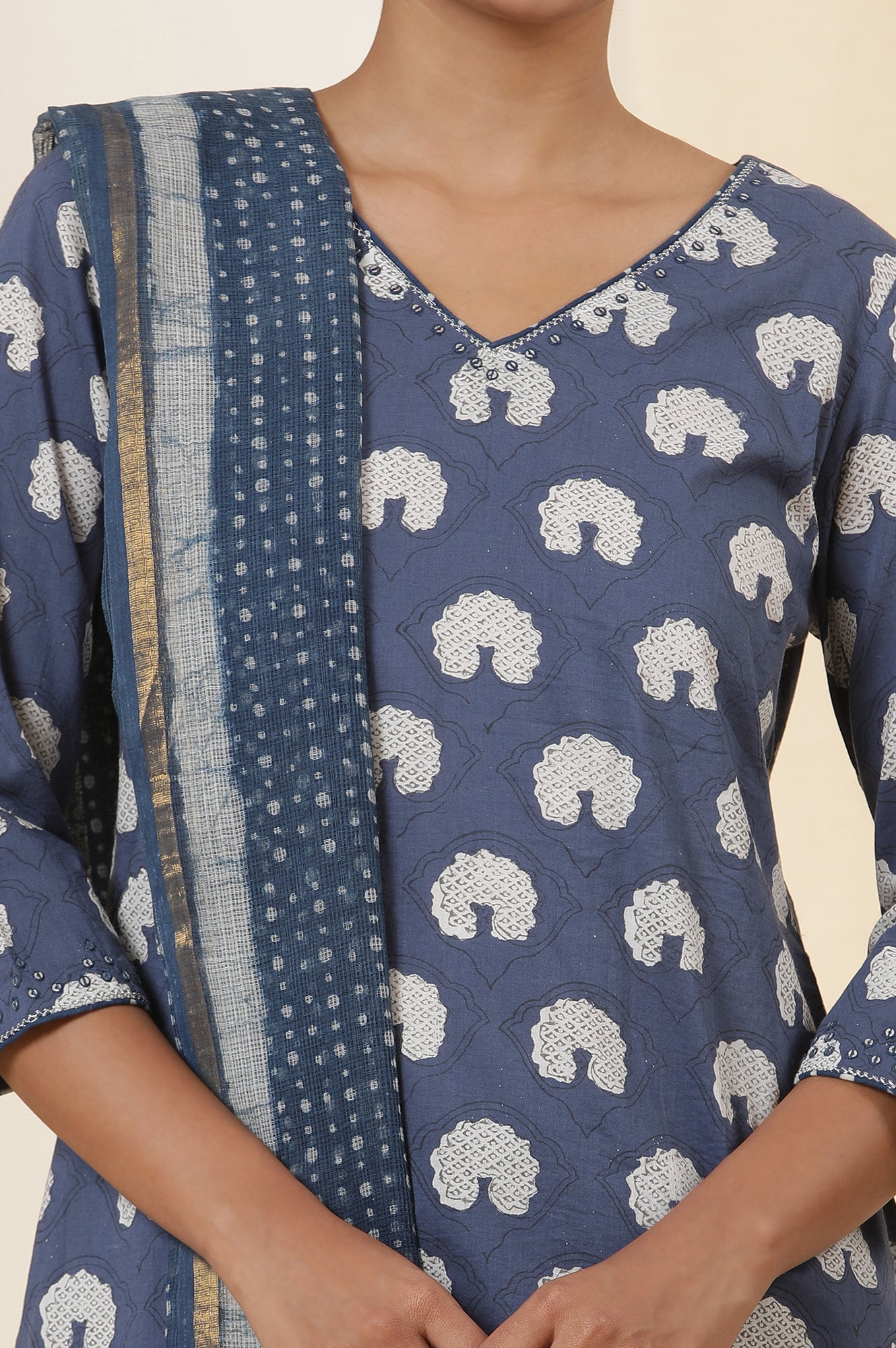 Blue Dabu Block Print Cotton Voile Straight Kurta, Pants And Dupatta Set