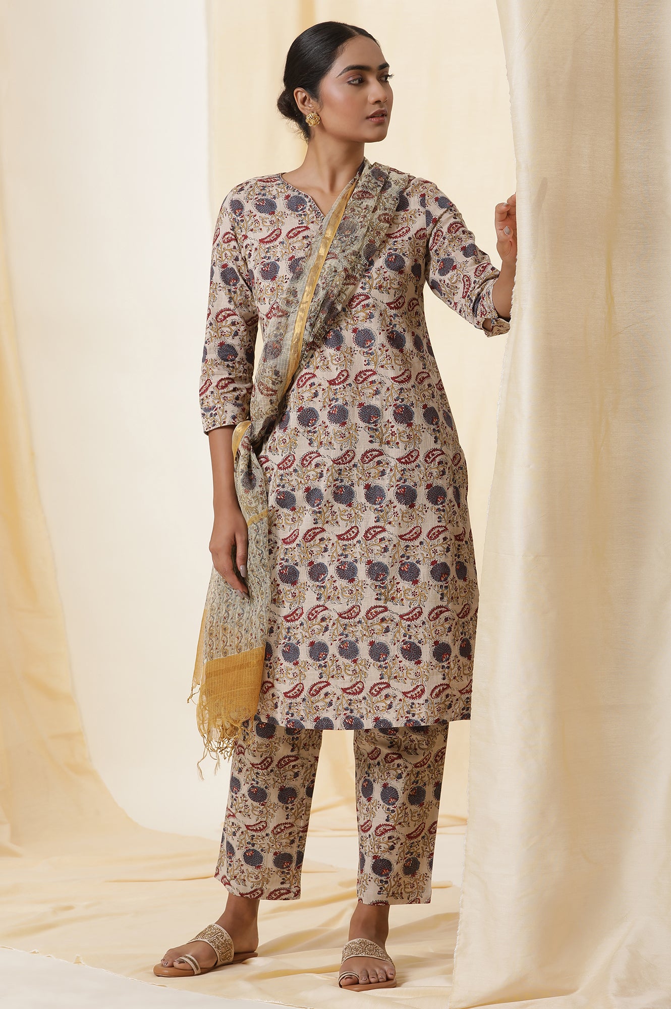 Beige Block Printed Cotton Slub Kurta, Pants And Dupatta Set