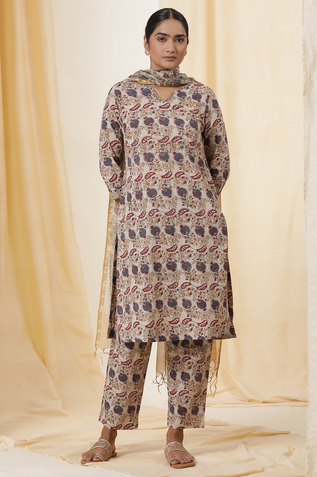 Beige Block Printed Cotton Slub Kurta, Pants And Dupatta Set