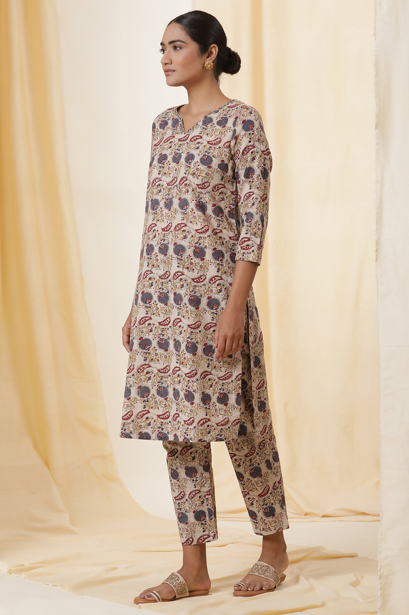 Beige Block Printed Cotton Slub Kurta, Pants And Dupatta Set