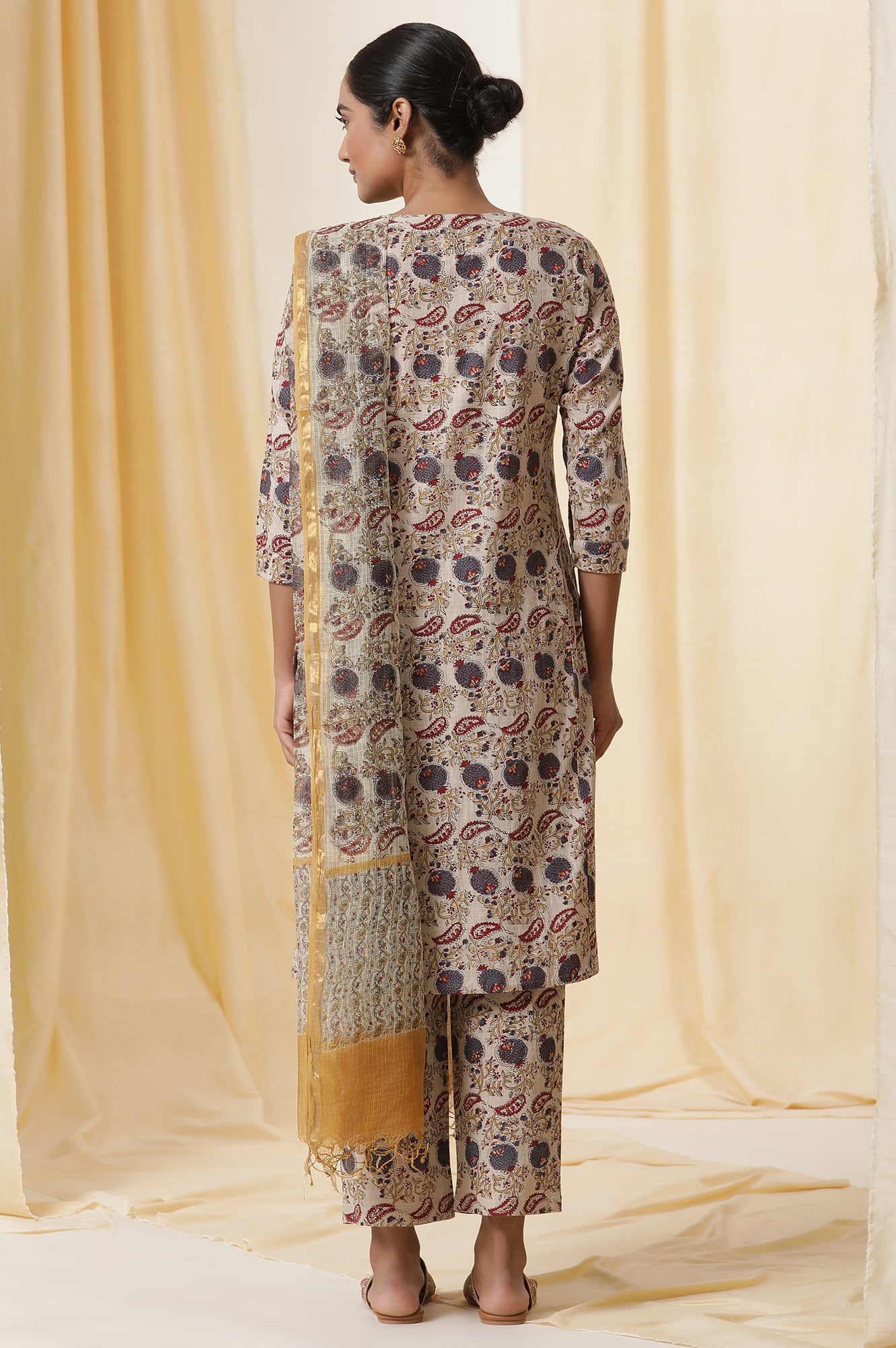 Beige Block Printed Cotton Slub Kurta, Pants And Dupatta Set