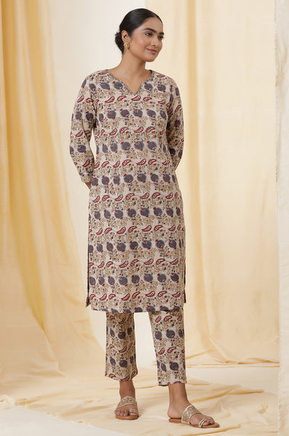 Beige Block Printed Cotton Slub Kurta, Pants And Dupatta Set