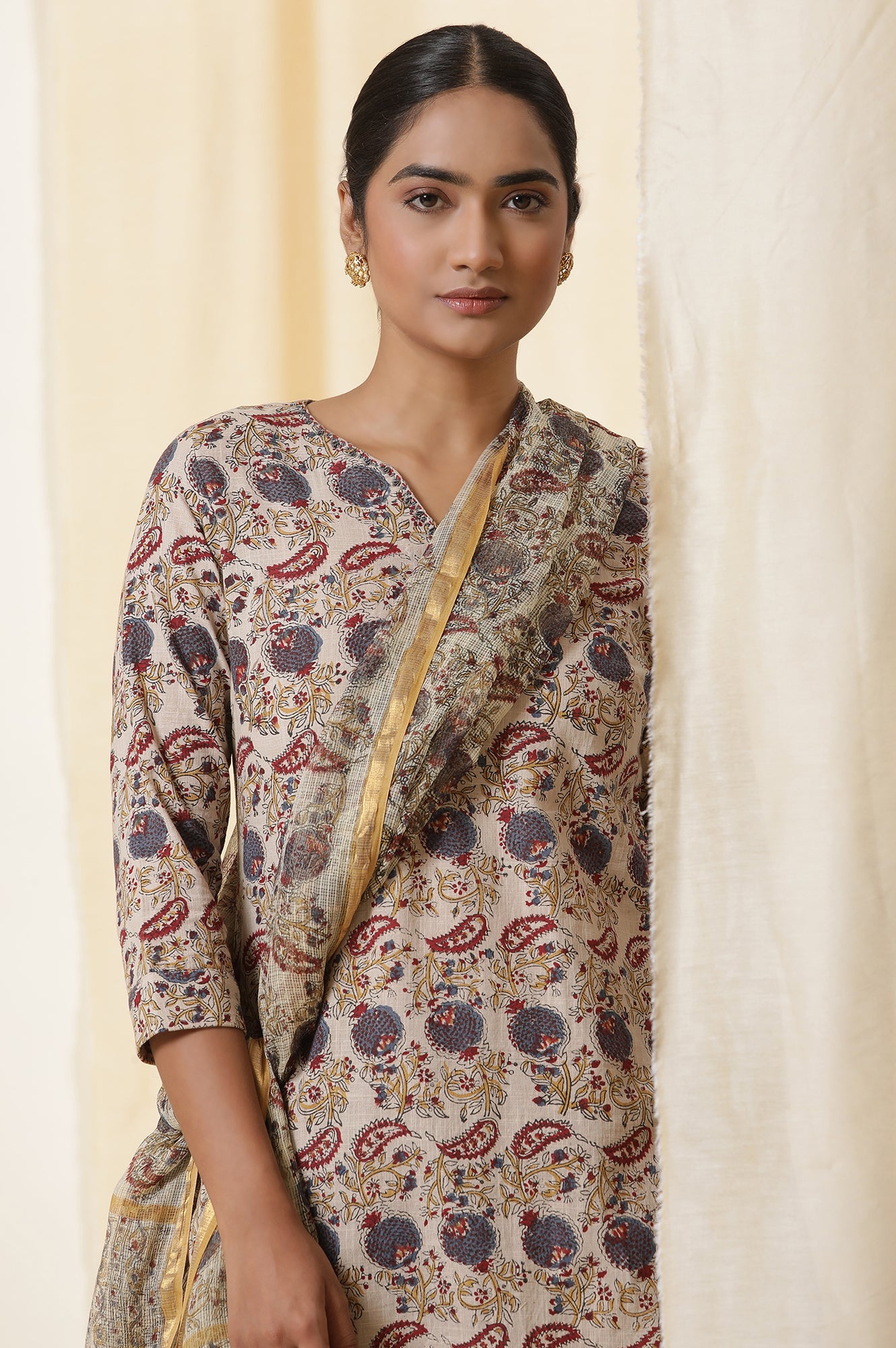 Beige Block Printed Cotton Slub Kurta, Pants And Dupatta Set